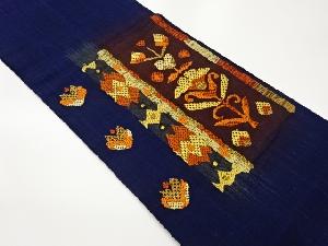 手織り紬抽象幾何学に花々模様刺繍名古屋帯